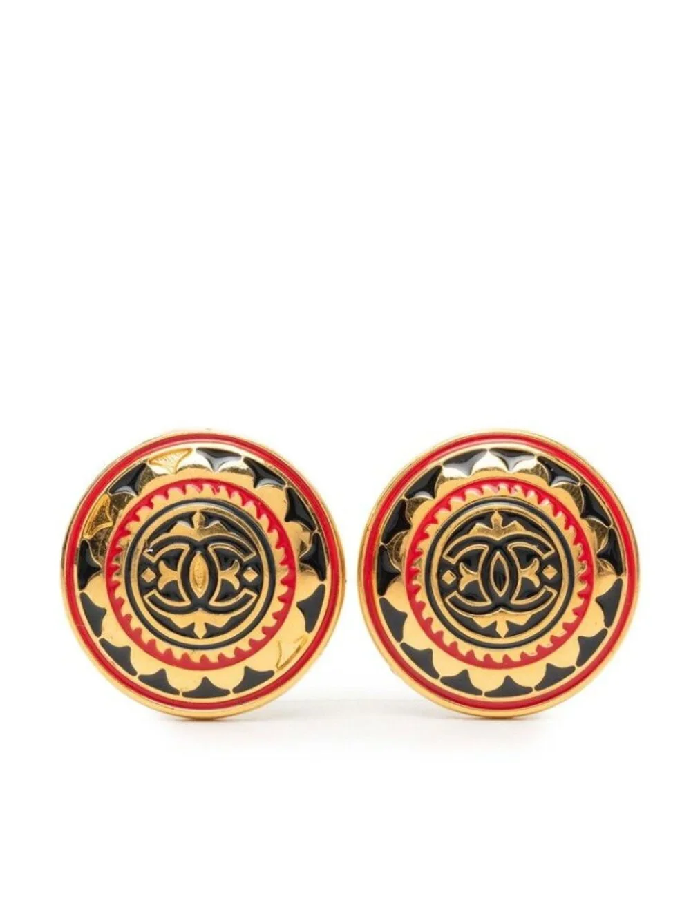 Chanel CC Logo Flower Motif Round Earrings Gold Red Black Plated Enamel